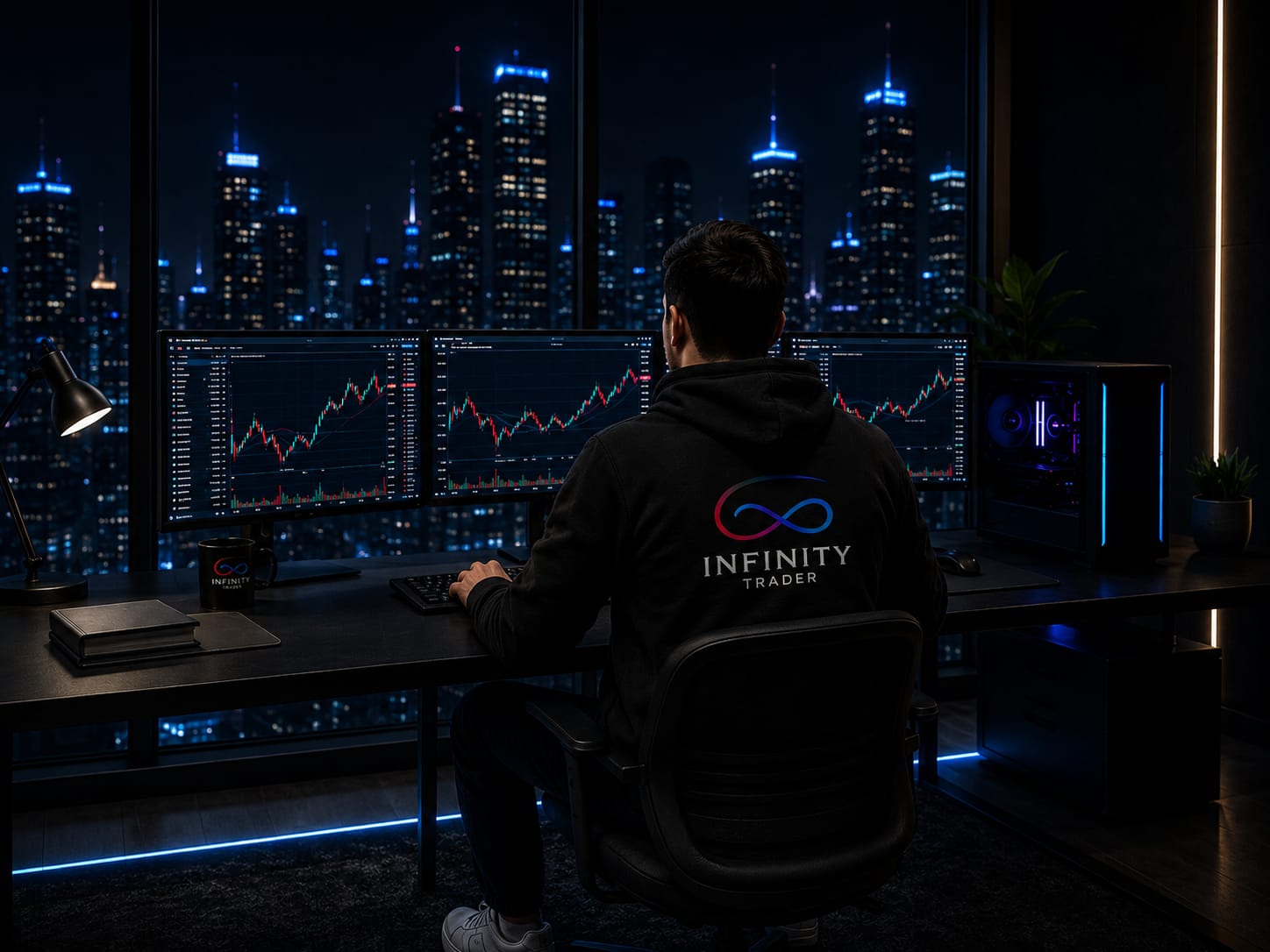 Trader analizando gráficos en su computadora, aplicando el método de Infinity Trader
