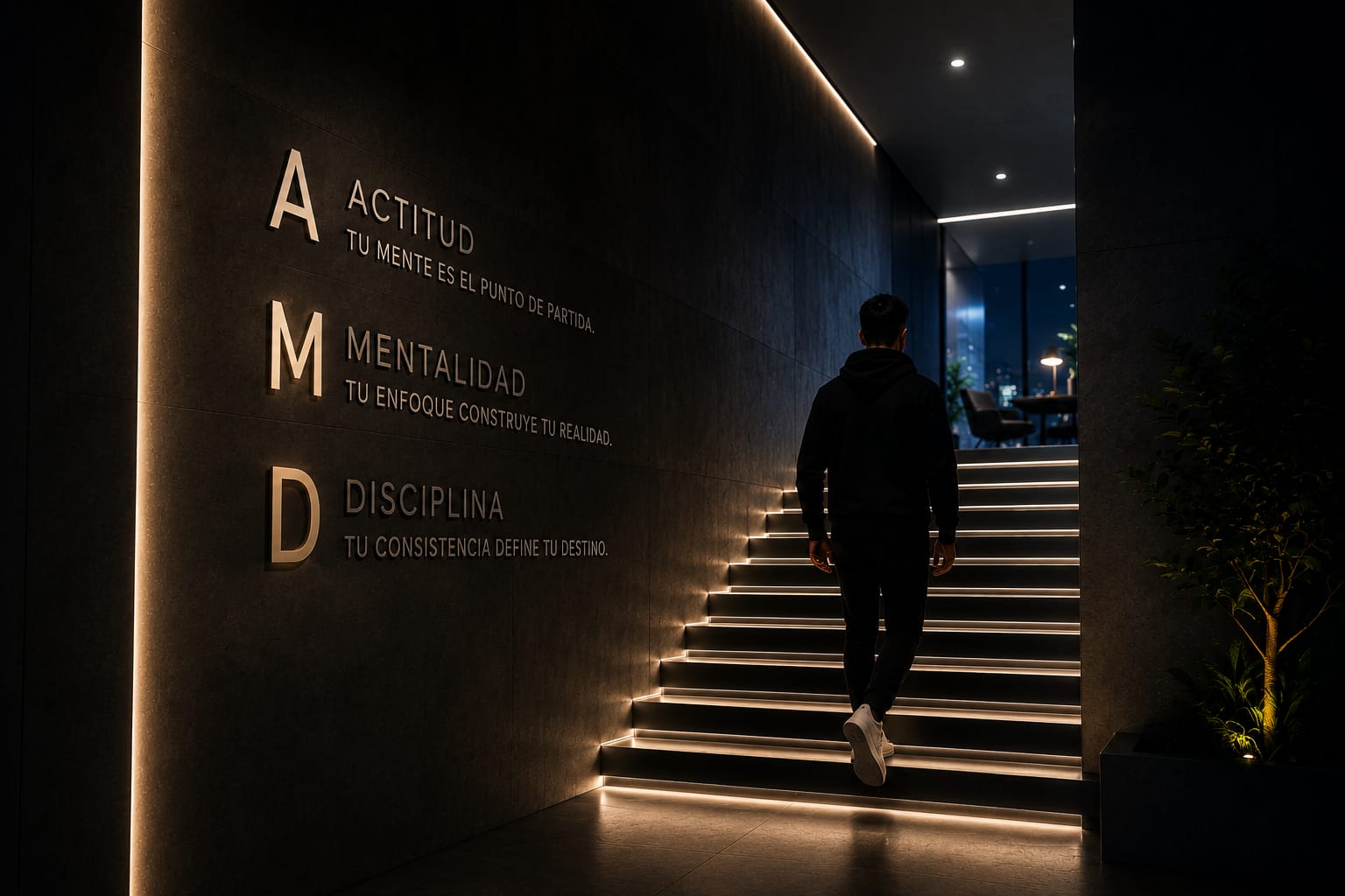 Trader ascendiendo una escalera con las palabras Disciplina, Estrategia, Ejecución y Libertad grabadas en la pared, simbolizando el camino del trader profesional